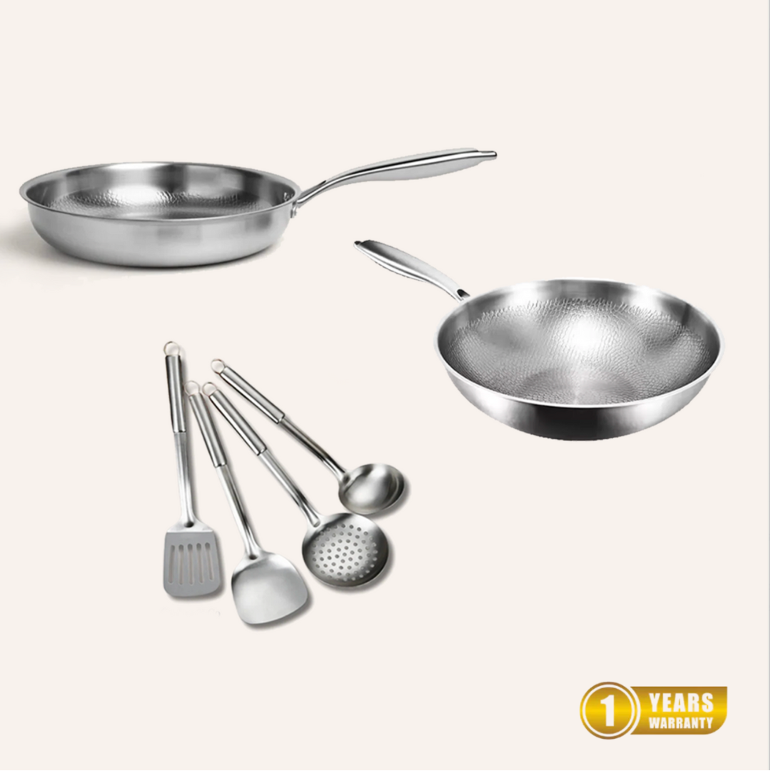 Essential Duo: 2 Pans + Utensils Set